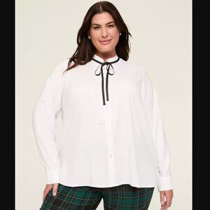 Lane Bryant White Ruffle Blouse Black Ribbon Tie Tuxedo Top Size 16